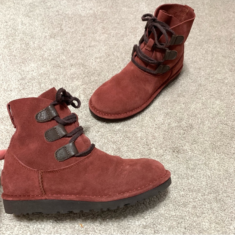UGG Australia 1017534 Women Elvi Suede Laceup Sheepskin Boot Red Clay Size 6